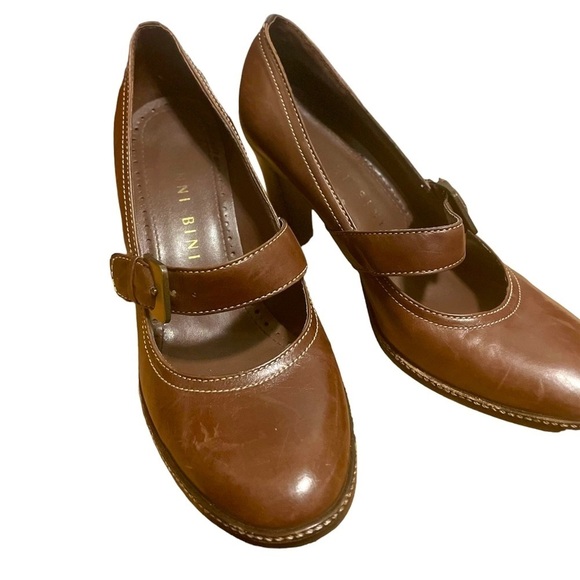 Gianni Bini Shoes - GIANNI BINI Brown Leather Heels size 7.5 Mary Jane Pumps buckle round block boho